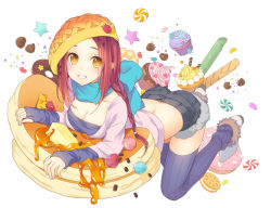 1girl bent_over blue_scarf blush breasts butter candy cleavage cupcake donut female_focus food food-themed_clothes fur_trim ginta grin gummy_bear hat hat_ornament in_food long_hair long_sleeves looking_at_viewer midriff original oversized_object pancake purple_thighhighs red_hair ribbed_legwear scarf short_shorts shorts simple_background sleeves_past_wrists smile solo star_(symbol) sweets thighhighs white_background yellow_eyes