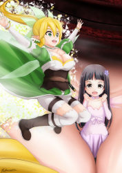 Rule 34 | 2girls, artist name, blonde hair, breasts, cape, cleavage, dress, fairy wings, green cape, large breasts, leafa (sao), mini person, minigirl, multiple girls, pink dress, sword art online, sword art online the movie: ordinal scale, takamaru (akisora drawing), wings, yui (sao), yui (sao-alo)