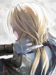 1girl back blonde_hair blue_surcoat bracelet cloak duchess_(elden_ring) elden_ring elden_ring_nightreign eye_mask gem gloves gold_bracelet highres jewelry korusakku medium_hair nape simple_background solo white_gloves