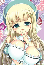 10s 1girl blonde_hair blush breasts cleavage dress female_focus gloves green_eyes hair_ornament hairclip hat highres kanai_amachi large_breasts light_smile long_hair plant senran_kagura solo yomi_(senran_kagura)
