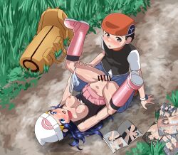 1boy 1girl :o backpack bag bar_censor beanie black_hair black_shirt black_socks blue_eyes blue_hair blush boots breasts breasts_out censored commentary_request dawn_(pokemon) day duffel_bag erection full_body functionally_nude hair_ornament hairclip hat hetero highres imminent_penetration jurarumin_hrairoo kodomo_doushi loli long_hair looking_at_viewer lucas_(pokemon) lying magazine_(object) matching_hair/eyes medium_breasts nintendo nipples on_back on_ground open_mouth outdoors panties panties_around_leg path penis pink_boots pink_skirt pokemon pokemon_dppt pornography pussy road shirt shota sidelocks skirt socks striped_clothes striped_panties two-tone_panties underwear unworn_bag white_hat