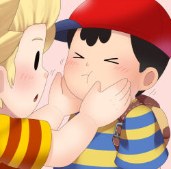 bad_tag black_hair blonde_hair blush cheeks child hat holding_cheeks lucas_(mother_3) mother_(series) mother_2 ness_(mother_2) nintendo pout red_hat shirt shota sjsj_10 striped_clothes striped_shirt super_smash_bros.