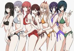 2024 6+girls bare_legs bikini black_bikini blush braid braided_ponytail breasts brown_bikini chainsaw_man cleavage commentary cross-shaped_pupils demon_horns eyepatch fami_(chainsaw_man) feet_out_of_frame female_focus frilled_bikini frills from_side green_bikini grey_bikini hair_between_eyes happy_new_year higashiyama_kobeni highres himeno_(chainsaw_man) horns long_bangs looking_at_viewer looking_to_the_side makima_(chainsaw_man) medium_breasts mole mole_under_eye multiple_girls navel new_year ponytail power_(chainsaw_man) purple_bikini red_bikini reze_(chainsaw_man) ringed_eyes scar scar_on_face shiren_(ourboy83) short_ponytail siblings side-tie_bikini_bottom sidelocks simple_background sisters small_breasts smile standing stomach string_bikini swimsuit symbol-shaped_pupils v yellow_bikini yoru_(chainsaw_man)