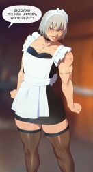 1boy absurdres apron black_dress brown_thighhighs clenched_hands combos_&amp;_doodles crossdressing dress english_text grey_hair highres maid maid_apron maid_headdress male_focus metal_gear_(series) raiden_(metal_gear) see-through_clothes see-through_thighhighs short_hair solo speech_bubble strapless strapless_dress thighhighs white_apron
