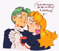 1boy 1girl assertive_female blush brown_eyes butch_(pokemon) cassidy_(pokemon) commentary curtained_hair earrings elbow_gloves english_text gloves green_hair hetero highres holding_hands interlocked_fingers jacket jewelry lipstick lipstick_mark lipstick_mark_on_neck long_hair looking_at_another looking_back lynn_(daisiloou) makeup nintendo open_mouth parted_lips pokemon pokemon_(anime) pokemon_(classic_anime) short_hair simple_background speech_bubble team_rocket team_rocket_uniform tongue white_background