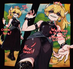 1girl armlet bare_shoulders black_boots black_dress black_eyeshadow black_nails blonde_hair blue_eyes blue_sky boots bowsette bracelet breasts chromatic_aberration cloud collar dress earrings english_text eyeshadow half-closed_eyes highres horns jewelry long_hair looking_at_viewer makeup mario_(series) medium_breasts multiple_views new_super_mario_bros._u_deluxe nintendo osidid outdoors parted_lips pointy_ears ponytail sharp_teeth sky sleeveless sleeveless_dress spiked_armlet spiked_bracelet spiked_collar spiked_shell spiked_tail spikes super_crown tail teeth tree turtle_shell