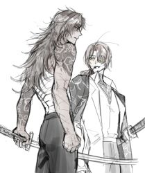 2boys arm_tattoo black_coat black_pants brown_hair chanil_(muexlku) clenched_teeth coat coat_on_shoulders collared_shirt cowboy_shot gregor_(project_moon) highres kurokumo_clan_(identity)_(project_moon) limbus_company long_hair male_focus messy_hair multiple_boys pants parted_bangs project_moon scar scar_on_arm shirt simple_background tattoo teeth very_long_hair white_background white_shirt
