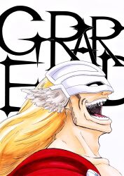 Rule 34 | 1boy, :d, alpen no koyari, bleach, bleach: sennen kessen-hen, blonde hair, cape, character name, collarbone, commentary, facing away, from side, gerard valkyrie, hair ornament, helmet, highres, kubo tite (style), long hair, male focus, mature male, nose, official style, open mouth, portrait, profile, red cape, simple background, smile, solo, sunken cheeks, teeth, white background, wing hair ornament