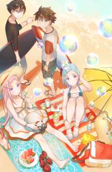 2boys 2girls anemone_(eureka_seven) barefoot beach black_shirt blue_hair bomhat bracelet breasts brown_hair brown_shorts collarbone day dominic_sorel dress eureka_(eureka_seven) eureka_seven eureka_seven_(series) from_above hair_ornament hairclip hand_in_own_hair hat hat_ribbon highres jewelry long_hair looking_at_viewer looking_back looking_up multiple_boys multiple_girls outdoors panties pantyshot pink_hair purple_eyes red_ribbon red_sleeves renton_thurston ribbon shirt shoes short_hair shorts sitting small_breasts smile sun_hat sundress umbrella underwear unworn_shoes white_panties white_shirt yellow_hat yellow_umbrella