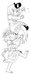 Rule 34 | 2girls, aki minoriko, apron, barefoot, c:, closed mouth, commentary request, dress, full body, ghost tail, grape hat ornament, greyscale, hat, lifting person, mob cap, monochrome, multiple girls, o o, one-hour drawing challenge, onikobe rin, shirt, short hair, simple background, skirt, smile, soga no tojiko, surprised, tate eboshi, touhou, walking