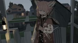 Rule 34 | 1girl, absurdres, animal ears, arknights, black choker, black hoodie, black umbrella, blue eyes, buttons, choker, clarke149246, commentary request, cross, cross necklace, expressionless, fox ears, fox girl, highres, holding, holding umbrella, hood, hood down, hoodie, house, jacket, jacket over hoodie, jewelry, lantern, large ears, looking at viewer, necklace, outdoors, porch, rain, red jacket, road, solo, suburb, sussurro (arknights), sussurro (travel freely) (arknights), umbrella