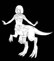 1girl alternate_species black_background claws closed_eyes closed_mouth completely_nude dinosaur_girl dungeon_meshi falin_touden feathers frs2 full_body greyscale hands_up high_contrast highres monochrome monster_girl nude outstretched_arms short_hair simple_background smile solo spoilers standing taur