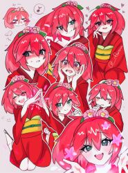 1girl blush closed_eyes flower green_eyes hair_flower hair_ornament heart heart-shaped_pupils highres japanese_clothes kimono long_hair looking_at_viewer multiple_views musical_note nipachann open_mouth pink_flower red_hair red_kimono speech_bubble spoken_musical_note symbol-shaped_pupils teeth tsubakihime_(youkai_watch) upper_teeth_only youkai_(youkai_watch) youkai_watch