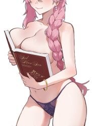 1girl absurdres boobs_in_book_(meme) book bracelet braid breasts cleavage commentary commission earrings eiyuu_densetsu emma_millstein english_commentary highres holding holding_book jewelry lace lace_panties large_breasts long_sidelocks nude open_book panties salsa_dance sen_no_kiseki sen_no_kiseki_(series) sen_no_kiseki_iii sidelocks simple_background single_braid single_earring solo underwear white_background