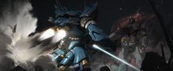 Rule 34 | absurdres, arinchi, battle, energy sword, commentary, duel, dust cloud, fake screenshot, gundam, gundam 0080, gundam alex, highres, kampfer (mobile suit), mecha, mecha focus, mobile suit, original, redesign, robot, ruins, science fiction, shoulder spikes, smoke, spikes, thrusters, v-fin