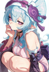 1girl absurdres akirai aqua_hair black_choker breasts choker covered_erect_nipples detached_sleeves genshin_impact hand_on_own_face highres japanese_clothes kimono large_breasts long_hair looking_at_viewer obi pink_kimono pointy_ears pout purple_eyes sash sideboob squatting white_background yumemizuki_mizuki