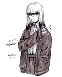 Rule 34 | 1girl, adapted costume, black hair, blunt bangs, brown eyes, brown jacket, brown skirt, closed mouth, collared shirt, colored tips, commentary request, cropped torso, dated, expressionless, hand in pocket, hand up, jacket, jouhou, long sleeves, looking at viewer, medium hair, multicolored hair, open clothes, open jacket, origami family&#039;s elite guard uniform, satsuki yomi, shirt, simple background, sketch, skirt, sleeves past wrists, solo, standing, striped clothes, striped shirt, sweat, toji no miko, translation request, twitter username, upper body, white background, white hair, white shirt