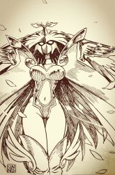 1girl ancientirismon armor breasts digimon digimon_frontier feathers highres mask navel sketch solo ten_legendary_warriors winged_boots wings