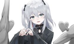 1girl absurdres black_bow black_coat black_collar black_shirt blush bow coat collar earrings four-finger_heart_hands green_eyes grey_hair hair_bow heart heart_hands heart_in_eye highres indie_virtual_youtuber jewelry long_hair looking_at_viewer nekomugi_tororo open_mouth shirt solo symbol_in_eye tassel tassel_earrings two_side_up virtual_youtuber white_background ziu