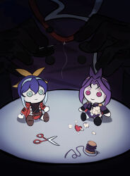 1boy akaba_leo blue_hair button_eyes buttons highres joeri_(yu-gi-oh!) object_focus purple_hair scissors serena_(pokemon) stuffed_toy toraawa64 yu-gi-oh! yu-gi-oh!_arc-v