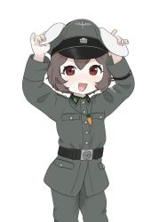 1girl :d animal_ears arms_up belt black_belt black_cat03 brown_eyes brown_hair carrot_necklace collar_tabs green_hat green_jacket green_pants hat highres holding_own_ears inaba_tewi jacket jewelry light_blush looking_at_viewer military_hat military_jacket nazi necklace open_mouth pants peaked_cap rabbit_ears rabbit_girl reichsadler simple_background smile solo ss_insignia ss_uniform swastika totenkopf touhou waffen-ss white_background