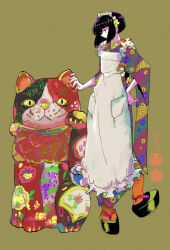 1girl apron asagiwa_ico black_hair full_body japanese_clothes kimono maid maneki-neko okobo original platform_sandals sandals short_hair solo tabi wa_maid
