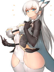 Rule 34 | 1girl, adapted costume, allucia citrus, armor, armored dress, armored skirt, blue eyes, bra, braid, breastplate, breasts, covered erect nipples, covered navel, curvy, dress, elbow gauntlets, fumio (rsqkr), gauntlets, greaves, grey hair, highres, hip dips, hip focus, hip vent, impossible clothes, katainaka no ossan kensei ni naru, large breasts, long hair, looking at viewer, multi-strapped bra, narrow waist, pauldrons, shoulder armor, simple background, solo, thick thighs, thighs, underboob, underwear, white background, wide hips