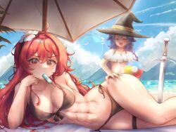 2girls abs ahoge ball beachball bikini bird black_bikini blue_hair blush braid breasts closed_eyes collarbone commentary day elbow_rest english_commentary eris_greyrat flower food food_in_mouth food_on_body food_on_breasts front-tie_bikini_top front-tie_top h3p0 hair_between_eyes hair_flower hair_ornament hand_on_own_thigh hat highres holding holding_sword holding_weapon lens_flare long_braid long_hair looking_at_viewer lying medium_breasts melting_popsicle mountainous_horizon multiple_girls mushoku_tensei navel ocean on_side open_mouth outdoors popsicle popsicle_in_mouth red_eyes red_hair roxy_migurdia seagull side-tie_bikini_bottom sky standing string_bikini swimsuit sword thighs twin_braids umbrella water weapon witch_hat