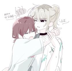 2girls arms_around_neck black_choker choker closed_eyes commentary_request girls_band_cry grey_eyes grey_hair hug i2727272727 iseri_nina kawaragi_momoka korean_commentary korean_text multicolored_hair multiple_girls one_eye_closed open_mouth ponytail red_hair roots_(hair) shirt speech_bubble translation_request upper_body white_shirt yuri