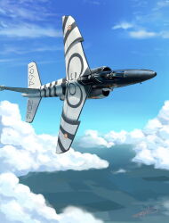 aircraft airplane artist_name blue_sky cloud dated day fighter_jet flying highres military military_vehicle no_humans original pilot roundel signature sky thompson_(solowingfh) vehicle_focus