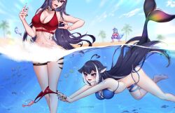 3girls ahoge akuma_nihmune assisted_exposure bao_(vtuber) bikini bikini_bottom_pull black_hair blue_bikini blue_hair body_markings breasts cetacean_tail collar convenient_censoring day embarrassed facial_mark fins fish_tail heart heart_ahoge heart_facial_mark highres indie_virtual_youtuber large_breasts long_hair mole mole_under_eye multicolored_hair multiple_girls navel open_mouth orca_girl outdoors purple_eyes purple_hair red_bikini red_eyes shrimp shylily shylily_(bikini) sleepycake standing streaked_hair swimsuit tail thigh_strap underwater virtual_youtuber water whale_girl white_hair