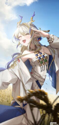 1girl absurdres arknights bare_shoulders bead_necklace beads blonde_hair blue_sky breasts brooch closed_eyes cloud dragon_girl dragon_horns earrings eastern_dragon_horns hair_between_eyes happy highres horns jewelry luanfazhulaogui necklace open_mouth pointy_ears rice_paddy shirt shu_(arknights) sky small_breasts smile solo strapless strapless_shirt tassel tassel_earrings tube_top white_tube_top