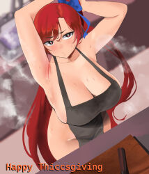 1girl absurdres apron armpits arms_up ayumi_(yotamono) bare_hips black_apron blue_bow bow breasts cleavage collarbone commentary cooking cutting_board english_commentary english_text hair_bow highres kitchen kitchen_knife large_breasts long_hair looking_at_viewer naked_apron original parted_bangs ponytail red_eyes red_hair sideboob solo steam steaming_body sweat sweaty_clothes thanksgiving very_long_hair yotamono