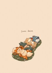 animal_focus artist_name claws closed_eyes commentary_request english_text fangs gen_1_pokemon gen_2_pokemon gen_4_pokemon growlithe highres lying marill munchlax nintendo no_humans on_back on_grass open_mouth orange_fur pokemon pokemon_(creature) sandshrew simple_background sleeping tail twitter_username white_background zozozoshion