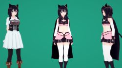 3d animal_ears ankle_boots armor arms_behind_back bare_shoulders belt belt_boots black_cloak black_footwear black_gloves black_legwear black_shorts black_tail blue_eyes blush body_armor boots breastplate breasts brown_belt brown_footwear cat_ears cat_girl cat_tail chest_armor cloak closed_mouth cowboy_boots dress earrings feet_out_of_frame fingerless_gloves fran_(tensei_shitara_ken_deshita) from_side gloves gold_earrings green_background hair_between_eyes highres jewelry kirbro leather leather_belt leather_boots light_blush looking_at_viewer looking_away medium_hair midriff multiple_persona navel open_mouth puffy_sleeves riding_boots shiny_clothes short_shorts short_sleeves shorts simple_background sleeveless small_breasts smile standing stomach tail tensei_shitara_ken_deshita thighhighs white_dress white_legwear white_sleeves