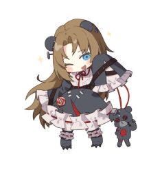1girl animal_ears bear_ears black_dress blue_eyes brown_hair dress e.g.o_(project_moon) frilled_dress frilled_sleeves frills hex_nail_(e.g.o) highres hurting_teddy_bear limbus_company long_hair open_mouth parted_bangs project_moon ranya_(artiraia) rodion_(project_moon) simple_background smile solo very_long_hair white_background