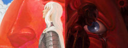 1boy armor behelit berserk blood bloody_tears blue_eyes cape cloud cloudy_sky commentary crying dark_persona divine_being eclipse english_commentary femto_(berserk) griffith_(berserk) helm helmet highres italomateusart long_hair nose shoulder_armor sky wavy_hair white_cape white_hair