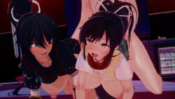 1boy 2girls 3d animated asuka_(senran_kagura) black_hair blue_eyes blush bouncing_breasts breasts clothes_lift dark-skinned_female dark_skin homura_(senran_kagura) koikatsu_(medium) large_breasts multiple_girls nipples school_uniform senran_kagura sex shirt_lift tagme vaginal video yusaharehare
