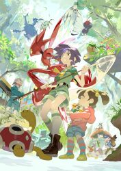 1girl 3boys artist_logo blue_hair blue_shorts blue_socks blurry blurry_background boots brown_footwear brown_hair bug bugsy_(pokemon) butterfly butterfly_net butterfree colored_skin creatures_(company) crossed_arms e_volution farfetch&#039;d forest game_freak gen_1_pokemon gen_2_pokemon green_shorts green_skirt grey_hair hand_net heracross hercules_beetle holding holding_butterfly_net holding_poke_ball hood hoodie horizontal-striped_clothes insect insect_wings kurt_(pokemon) ledian ledyba logo maizie_(pokemon) male_focus multiple_boys nature necktie nintendo outdoors pineco pink_hoodie pink_socks plant poke_ball pokemon pokemon_hgss potted_plant red_skin scizor shorts shuckle skirt slowpoke socks spider spinarak striped_clothes striped_socks tree twintails wings yellow_eyes yellow_necktie