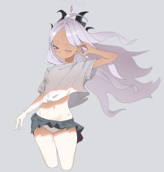 1girl absurdres ahoge blue_archive blush demon_girl demon_horns forehead grey_background hand_up highres hina_(blue_archive) horns long_hair navel one_eye_closed panties purple_eyes shirt simple_background skirt solo underwear user_dtky5772 white_hair white_panties white_shirt
