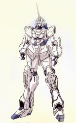 1girl breasts full_body gundam gundam_unicorn mecha medium_breasts robot simple_background solo standing twitter unicorn_gundam unicorn_horn white_background