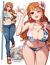 Rule 34 | alternate costume, arm tattoo, bikini, bikini top only, blushyspicy, bracelet, breasts, cleavage, clima-tact, collarbone, commentary, curvy, denim, earrings, english commentary, english text, flower, franky (one piece), full body, green bikini, hair flower, hair ornament, highres, holding, holding staff, jeans, jewelry, large breasts, lipstick, long hair, makeup, multiple boys, multiple girls, nami (one piece), nami (one piece) (return to sabaody), navel, nico robin, official alternate costume, one-piece swimsuit, one eye closed, one piece, one piece film: gold, orange hair, pants, roronoa zoro, sanji (one piece), shiny skin, shoulder tattoo, side-tie bikini bottom, smile, solo focus, staff, swimsuit, tattoo, thong, thong bikini, tony tony chopper, underboob, usopp, wide hips