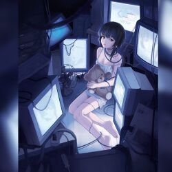 1girl barefoot breasts brown_hair cleavage commentary computer_keyboard crt dress electric_fan full_body hair_ornament hairclip highres holding holding_stuffed_toy indoors iwakura_lain painterly petite pillarboxed serial_experiments_lain short_hair single_sidelock sitting small_breasts solo stuffed_animal stuffed_toy teddy_bear television vampire_valentine white_dress
