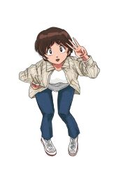 3_fingers_up bad_tag bent_over brown_eyes brown_hair collared_shirt denim hand_against_hip highres jeans maison_ikkoku nanao_kozue pants poppowerhearts shirt simple_background striped_clothes white_background white_shirt white_sneakers