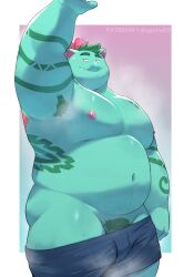 1boy arm_up armpits artist_name bara belly blue_male_underwear boxers closed_mouth commentary creatures_(company) dogoronumber3 english_commentary fangs fangs_out fat fat_man furry furry_male game_freak gen_1_pokemon highres looking_at_viewer male_focus male_underwear male_underwear_pull muscular muscular_male navel nintendo nipples pectorals pokemon pokemon_(creature) pubic_hair tattoo topless_male underwear venusaur