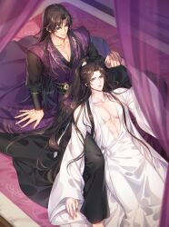 2boys absurdres arm_support artist_name barefoot bite_mark bite_mark_on_neck black_hair black_sash brown_hair chinese_clothes chu_wanning closed_mouth collarbone curtains earrings erha_he_tadebai_mao_shizun feet_out_of_frame grey_eyes hair_down half_updo hanfu hickey high_ponytail highres holding_hands indoors jewelry lap_pillow long_hair long_sidelocks long_sleeves looking_at_another lying male_focus mo_ran multiple_boys on_back on_bed open_clothes open_mouth pectoral_cleavage pectorals ponytail purple_eyes purple_hanfu sash sidelocks sitting smile stud_earrings taxian-jun white_hanfu wide_sleeves yaoi zehel_az