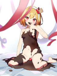 1girl barefoot blonde_hair blurry blush breasts chikuzen1996 chocolate chocolate_on_body chocolate_on_breasts convenient_censoring food food-themed_hair_ornament food_on_body fruit hair_ornament hair_ribbon hairband heart highres looking_at_viewer navel nude red_eyes red_ribbon ribbon rumia short_hair simple_background sitting small_breasts solo strawberry strawberry_hair_ornament touhou wariza white_background