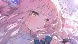 Rule 34 | 1girl, amiamzk827, angel wings, black scrunchie, blue archive, blue bow, blush, bow, capelet, closed mouth, commentary, cross, feathered wings, flower, hair bun, hair flower, hair ornament, hair ribbon, highres, long hair, mika (blue archive), pink hair, purple flower, ribbon, scrunchie, single side bun, solo, starry sky print, white capelet, white ribbon, white wings, wings, wrist scrunchie, yellow eyes