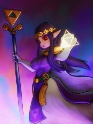 1girl absurdres armor belt black_hair breasts dress gloves green_belt headband highres holding holding_staff large_breasts long_hair looking_at_viewer nintendo open_mouth pointy_ears princess_hilda print_dress purple_dress red_eyes shoulder_armor soandnb staff standing the_legend_of_zelda the_legend_of_zelda:_a_link_between_worlds triforce triforce_print white_gloves