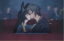 1boy 1girl animal_ears aqua_jacket black_hair blunt_bangs closed_eyes collared_shirt fingerless_gloves fox_ears fox_girl gloves grey_hair grey_jacket highres hoshimi_miyabi indoors jacket kiss lennu976 long_hair looking_at_another movie_theater shirt short_hair white_shirt wise_(zenless_zone_zero) zenless_zone_zero